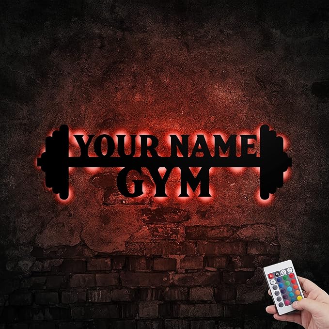 Personalized Home Gym LED Tin Metal Sign Multiple Sizes, Gym Sign Wall Decor, Exercise Workout Room Decor Fitness Center, Motivational Inspirational Hanging Wall Art Wall Plaque (02 w/lights)