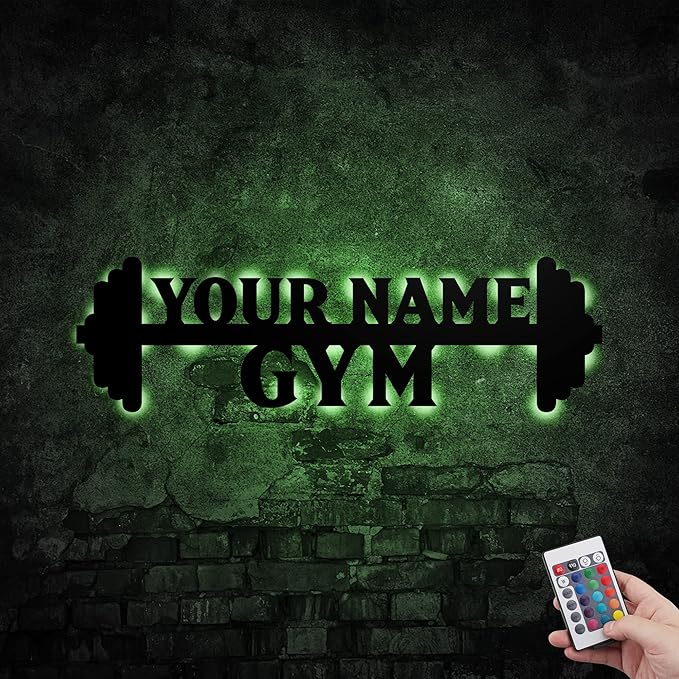 Personalized Home Gym LED Tin Metal Sign Multiple Sizes, Gym Sign Wall Decor, Exercise Workout Room Decor Fitness Center, Motivational Inspirational Hanging Wall Art Wall Plaque (02 w/lights)