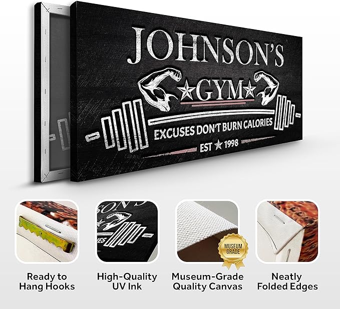 Tailored Canvases Personalized Gym Sign Wall Art Decor - Motivational Canvas for Home Gym, Workout Room, Garage, Fitness Center - Workout Inspirational Posters - Excuses Don't Burn Calories Dark, 48x24in