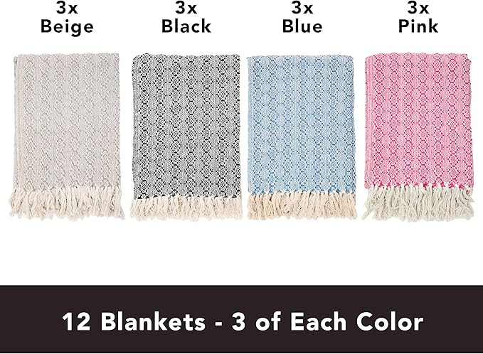 Arkwright Common Ground Bulk Blankets - Pack of 12 - Reversible 100% Cotton All Season Lightweight Couch Bed Throws for Wedding Guests, Travel, and Outdoor Events, 50 x 70 in, Aztec