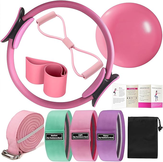 Pilates Set – Home Pilates Equipment for Women Kit with Magic Circle Pilates Ring and Ball Set, Resistance Bands & Massage Balls & Exercise Bands for Toning，Flexibility & Core Strength