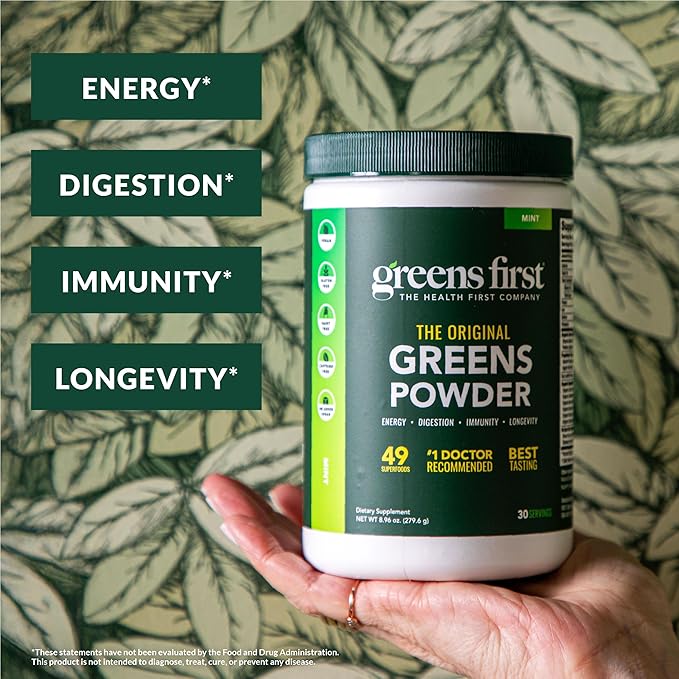 Greens First Original Greens Powder - 49 Superfoods - Organic Fruits & Veggies - Prebiotics, Probiotics & Digestive Enzymes - Antioxidant Smoothie - Dairy Free, Vegan & Non-GMO (Mint, 30 Servings)