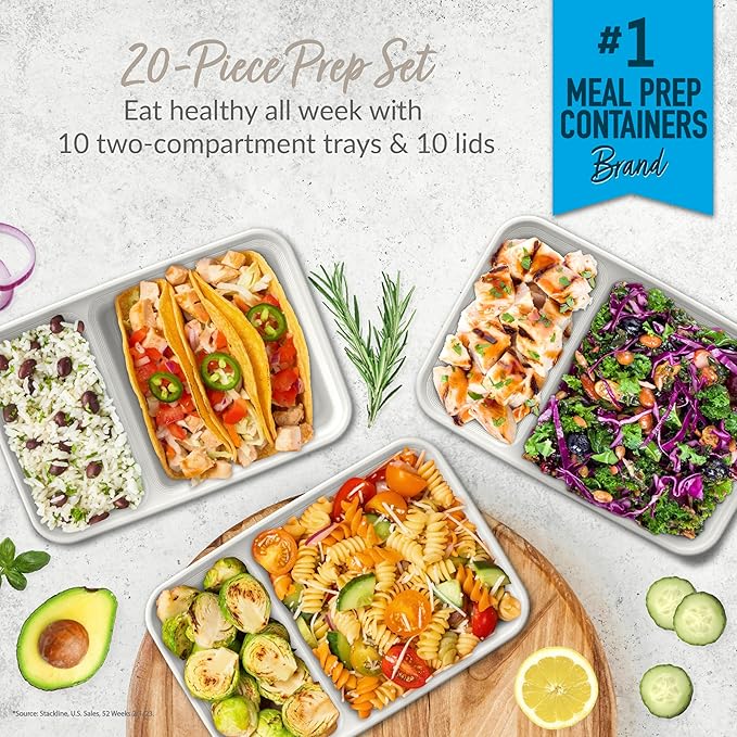 Bentgo 20-Piece Lightweight, Durable, Reusable BPA-Free 2-Compartment Containers - Microwave, Freezer, Dishwasher Safe - Whisper Gray