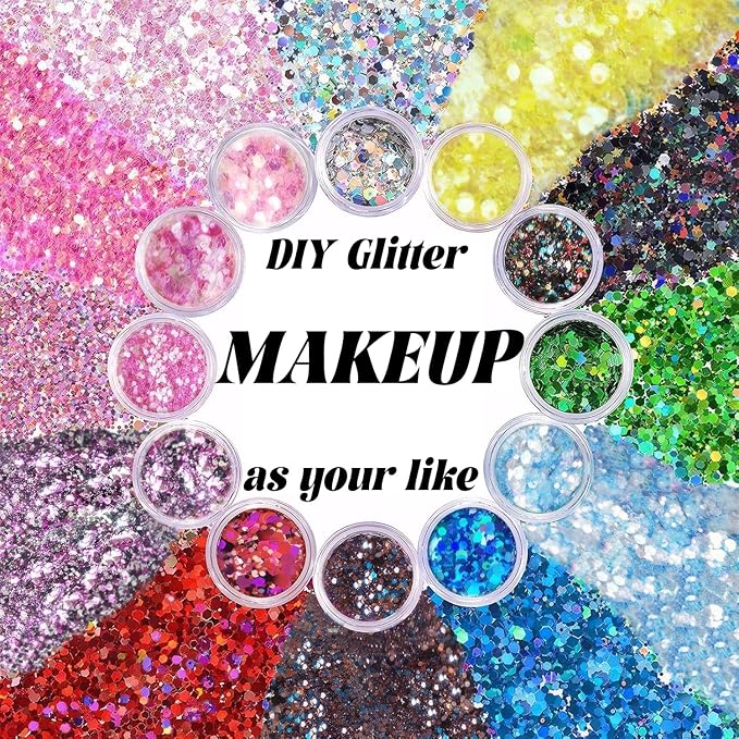 Body Glitter Face Glitter, Hair Glitter for Kids, 12 Shapes Fine Chunky Glitter Gel for Women Girls Makeup Sparkles Party Mermaid Sequins Rave Accessories Singer Concerts Festival (Red Scheme)