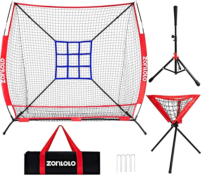 6x6ft Portable Baseball & Softball Net for Hitting，Pitching, Batting and Throwing, with Sturdy Bow Frame,Batting Tee, Ball Caddy and Strike Zone, Middel Size, Great for Kids!
