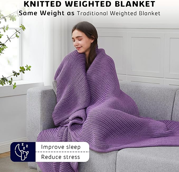L'AGRATY Knitted Weighted Blanket - 50''x60'' 7lbs Cooling Chunky Knit Heavy for Adults Braided Crochet Throw Thick Cable Yarn Decorative No Beads Evenly Machine Washable, K - Purple (Knitted)