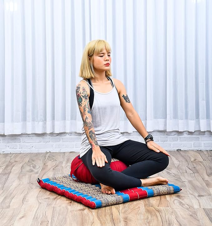 Leewadee Meditation Cushion Set – 1 Round Zafu Meditation Pillow and 1 Square Roll-Up Zabuton Meditation Mat, Pillows Bundle Filled with Kapok