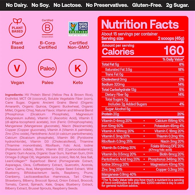 Happy Viking Strawberry Protein + Superfoods Powder, Created by Venus Williams, 20G Protein, Low Carb, Keto, Vegan, Gluten-Free, Non-GMO, Superfoods, Complete Meal Replacement, 1 Canister (24 oz.)