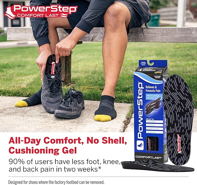 PowerStep Comfort Last Insoles, Cushioning Gel Insoles for Standing All Day, Supports Metatarsal Pain, Foot Arch, Heel Pain, All Day Comfort, Made in The USA (Men's 13-14.5)