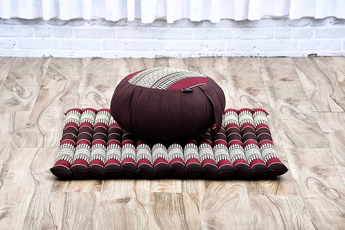 Leewadee Meditation Cushion Set – 1 Round Zafu Meditation Pillow and 1 Square Roll-Up Zabuton Meditation Mat, Pillows Bundle Filled with Kapok