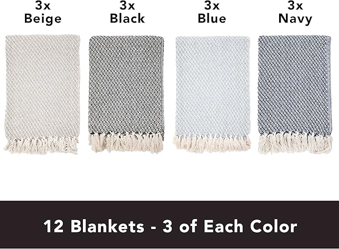Arkwright Common Ground Bulk Blankets - Pack of 12 - Reversible 100% Cotton All Season Lightweight Couch Bed Throws for Wedding Guests, Travel, and Outdoor Events, 50 x 70 in, Checkered