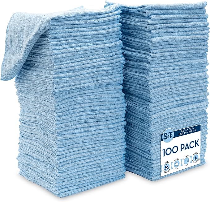 S&T INC. 100 Pack Microfiber Cleaning Cloth, Bulk Towels for Home, Reusable Microfiber Towels for Cars, Cleaning Rags, Light Blue, 11.5 Inches x 11.5 Inches, 100 Count
