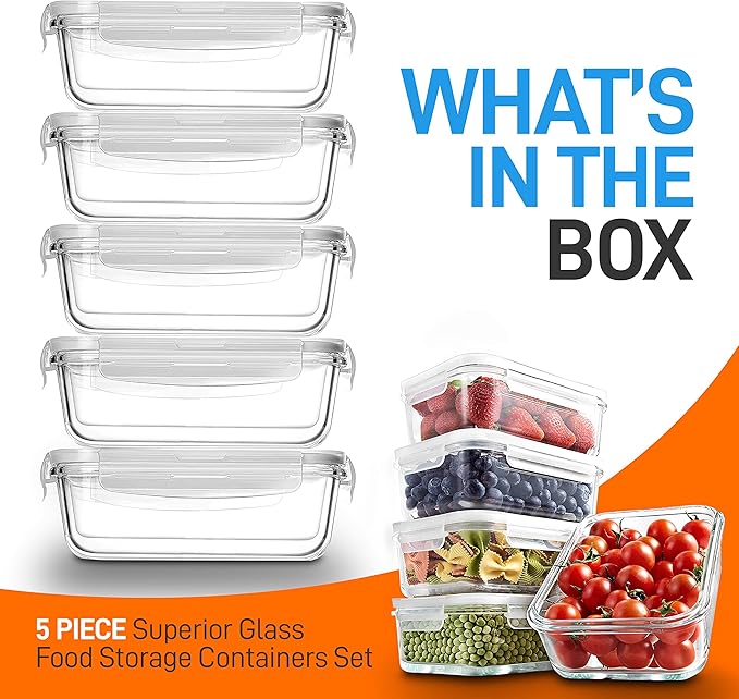 NutriChef 10-Piece Superior Glass Food Storage Containers Set (5 Containers + 5 Locking Lids),Stackable Meal-prep Design, BPA-free Airtight Clear Locking lids with Vent Lids & Air Hole, NCCLX5