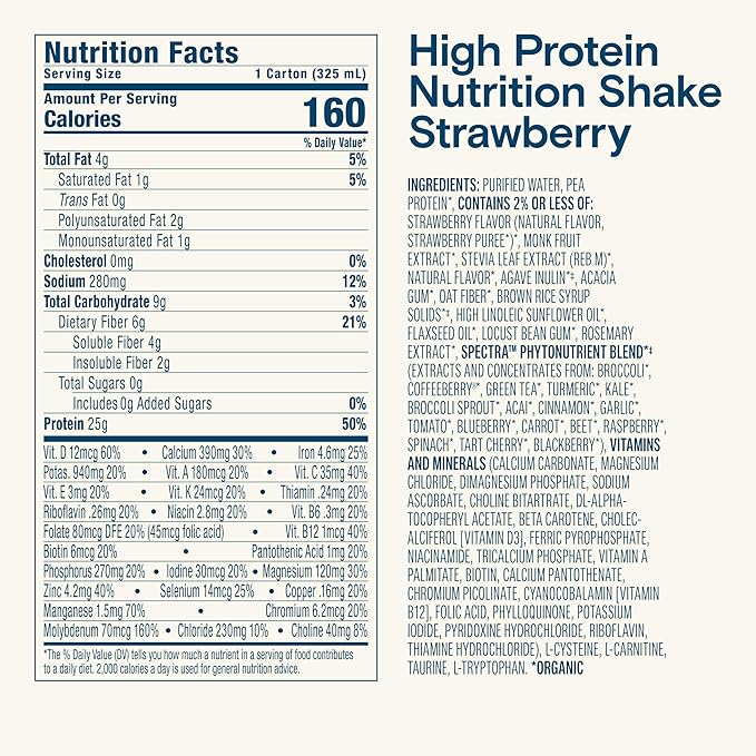 KATE FARMS Organic High Protein Strawberry Nutrition Shake, 25g Protein, 6g Fiber, 27 Vitamins and Minerals, 0g Sugar, Protein Drink, 11 oz (6 Pack)