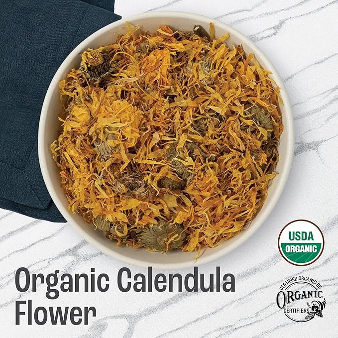 J Mac Botanicals, Organic Calendula Flower (16 ounce), whole dried flowers and petals, loose leaf tea, marigold flower, USDA Certified Organic. Great for loose leaf teas, cocktail bombs, salve