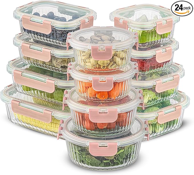 JoyJolt 24pc Borosilicate Glass Storage Containers with Lids | 12 Airtight/Freezer Safe Food Storage Containers for Pantry and Kitchen | Meal Prep Container for Lunch | Glass Tupperware Set