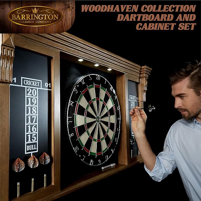 Barrington Dartboard Multiple Styles Pre-Assembled Wood Dartboard Cabinet Collection with 18” Bristle Dartboard & Steel Tip Dart Set, Perfect for Cricket Games