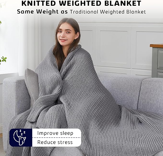 L'AGRATY Knitted Weighted Blanket - 50"x60" 10lbs Cooling Chunky Knit Heavy Blanket for Adults Braided Crochet Throw Thick Cable Yarn Knit Decorative No Beads Evenly Weighted Machine Washable