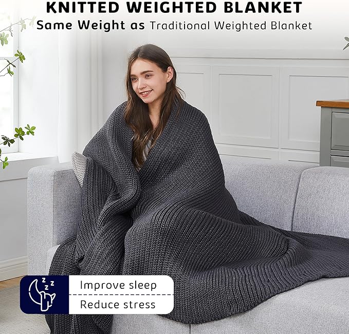 L'AGRATY Knitted Weighted Blanket - 48"x72" 20lbs Cooling Chunky Knit Heavy Blanket for Adults Braided Crochet Throw Thick Cable Yarn Knit Decorative No Beads Evenly Weighted Machine Washable
