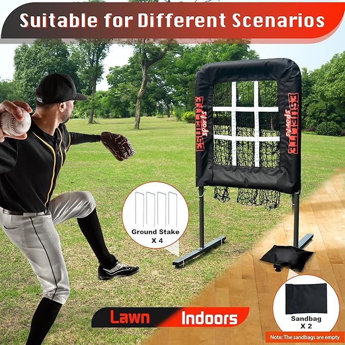 Heavy-Duty 9 Hole Pitching Net with Strike Zone, Baseball/Softball Pitching Target, Portable Height-Adjustable Pitcher Training Equipment, Includes 4 Ground Stakes and 2 Sandbags
