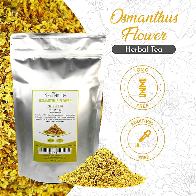 Green Hill Tea Osmanthus Flower Dried – Premium– Fragrant Osmanthus Dried Flowers -Loose Leaf Osmanthus Tea – 100% Pure, Natural, Non-GMO – Great for Brewing, Baking & Infusions 4 OZ