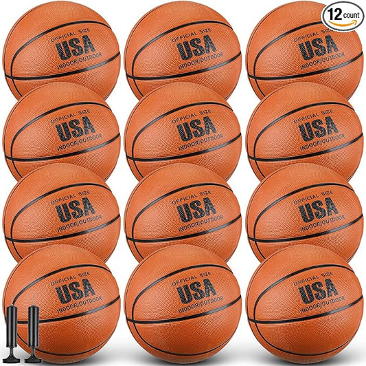 HyDren 12 Pcs Basketballs Bulk with Pump Donation Supplies Size 5/6/7 Deflated Basketball for Outside Sport Operation Machine Stitched Ball