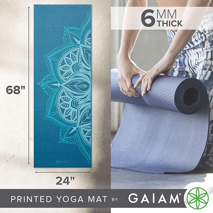 Gaiam Yoga Mat - Premium 6mm Print Extra Thick Non Slip Exercise & Fitness Mat for All Types of Yoga, Pilates & Floor Workouts (68"L x 24"W x 6mm Thick)