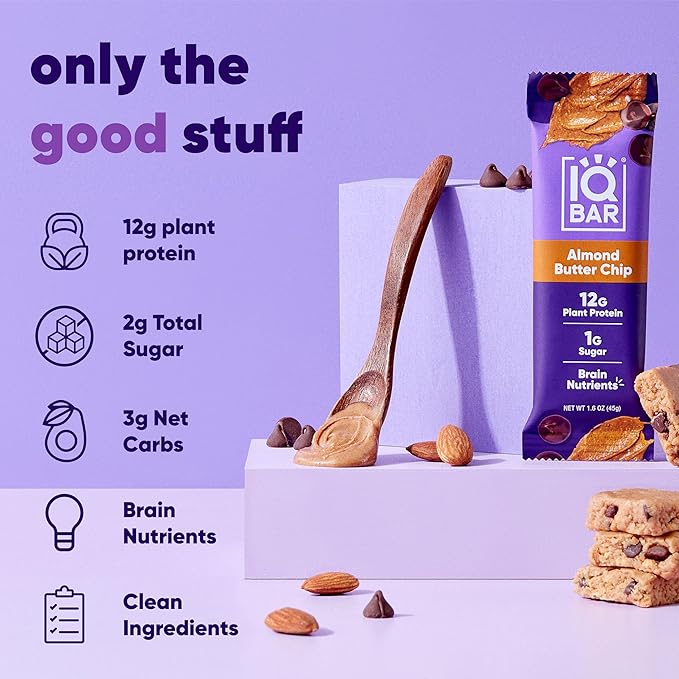 IQBAR Brain and Body Plant Protein Bars - Almond Butter Chip - 12-Count Low Carb - Gluten Free, High Fiber, Vegan Snacks - Low Sugar Meal Replacement