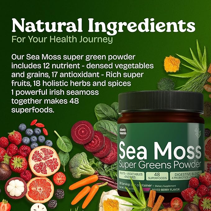 Atlantic Naturals Organic Sea Moss Super Greens Powder - Greens Superfood with 12 Vegetables, 15 Fruits, Probiotics, 16 Herbs & Spices - Digestive Health, Energy, Skin & Immunity - Mixed Berry Flavor