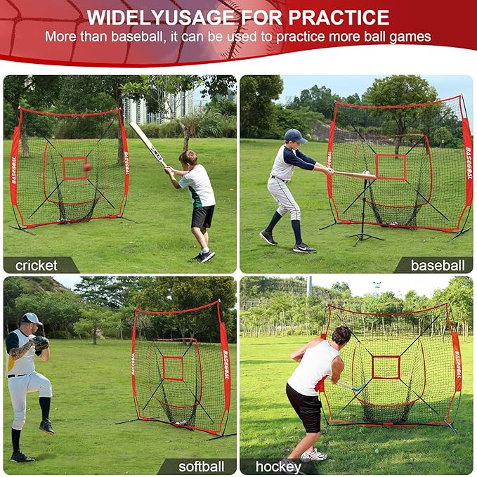 7'×7' Baseball Softball Practice Net,Baseball Backstop,with Batting Tee,Ball Caddy,for Hitting Pitching Batting Catching with Bow Frame,Bonus Strike Zone,Portable and Foldable
