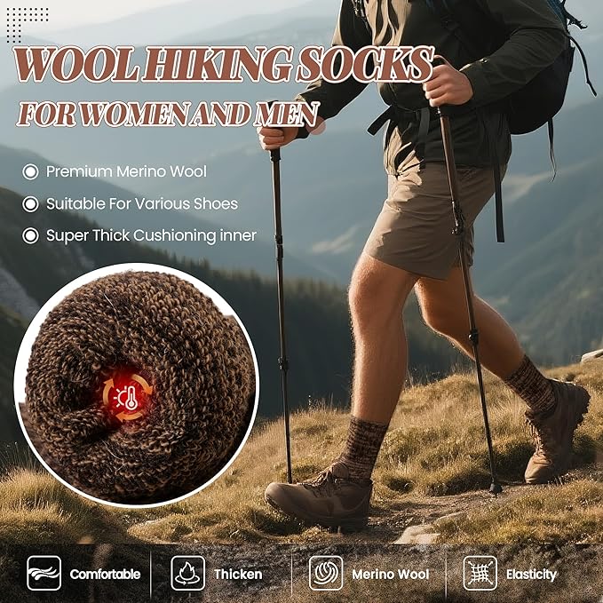 Merino Wool Boot Socks Thermal Winter Ski Thick Warm Hiking Socks for Women Men 3 Pairs