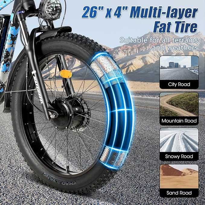 5000W 60V 26Ah Electric Bike for Adults, 60V Battery Ebike, 26"X4"Fat Tire,45MPH & 70 Miles Long Range,210Nm Mountain Bike Full Suspension, Hydraulic Brake Electric Bicycle,Rear Rack