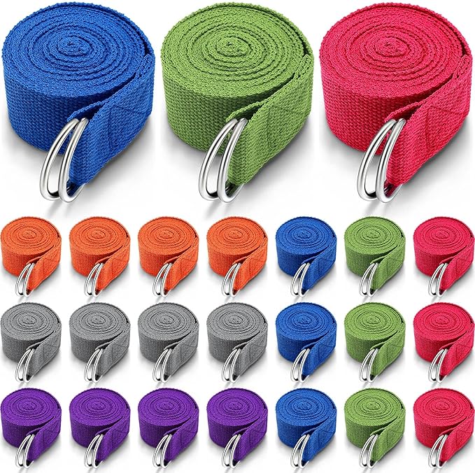 Leyndo 24 Pieces Yoga Strap Stretching Pilates Exercise Adjustable Straps 6 ft Non Elastic Yoga Belt with Adjustable D Ring Buckle for Pilates Gym Workouts Fitness