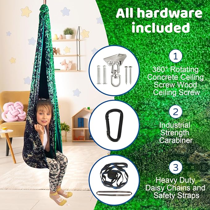 Sensory Swing for Kids & Adults Holds 300lbs Indoor/Outdoor Therapy Cuddle Swing with 360° Swivel Hanger Kit (Crystal Green)