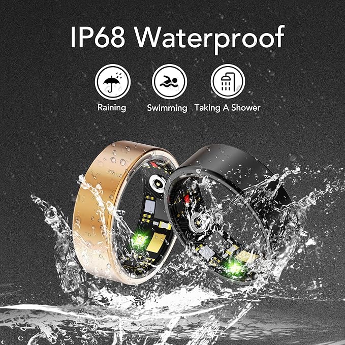 Smart Health Ring for Women Men Fitness Tracker with Heart Rate, Blood Oxygen, Blood Pressure, Sleep Monitoring, Step Counting, IP68 Waterproof for iOS and Android, No Subscription Fee, Gold 6#