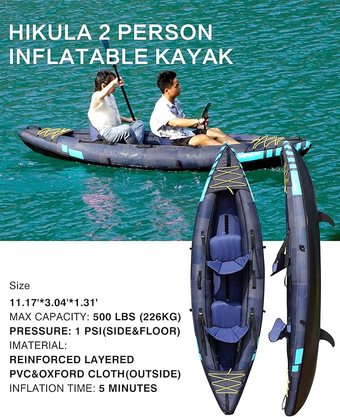 Inflatable Kayak 2 Person, Tandem Kayak, Foldable Kayaks for Adults, with Kayak Fin, 2 Aluminum Paddles, 2 Padded Seats, Hand Pump and Travel Backpack