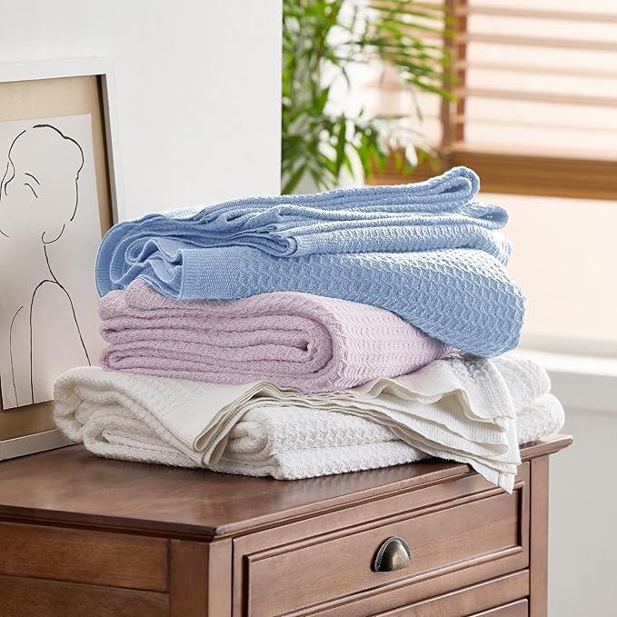 Bedsure 100% Cotton Blanket Queen Size for Bed - Breathable and Soft, Waffle Weave Blanket for Summer, Thick Cozy Fall Blankets for Women Gift, Sky Blue, 90x90 Inches