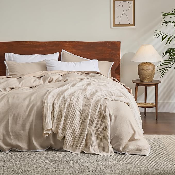 Bedsure 100% Cotton Blanket King Size for Bed - Breathable and Soft, Waffle Weave Blanket for Summer, Thick Cozy Fall Blankets for Women Gift, Khaki (a Little Bit Yellow), 104x90 inches