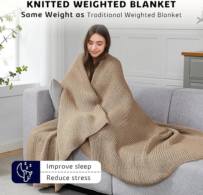 L'AGRATY Knitted Weighted Blanket - 50"x60" 10lbs Cooling Chunky Knit Heavy Blanket for Adults Braided Crochet Throw Thick Cable Yarn Knit Decorative No Beads Evenly Weighted Machine Washable