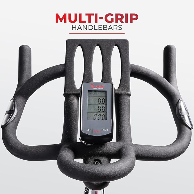 Sunny Health & Fitness Indoor Cycling Exercise Bike w/Pulse Sensors & 4-Way Adjustable Seat, Stationary Home Cardio Training Machine w/Micro-Adjustable Magnetic Resistance for Intensive Cardio Session