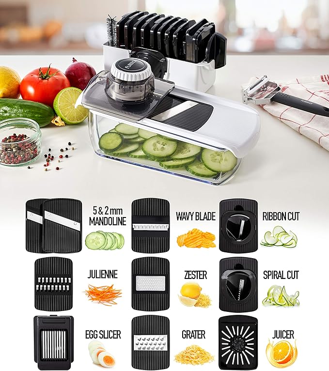 Fullstar Mandoline Slicer for Kitchen, Fruit Cutter, Cheese Grater, Cucumber Slicer, Veggie Spiralizer, Food Cutter & Kitchen Gadgets with Safety Glove (11 in 1, White)