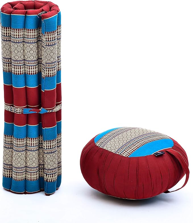 Leewadee Meditation Cushion Set – 1 Round Zafu Meditation Pillow and 1 Square Roll-Up Zabuton Meditation Mat, Pillows Bundle Filled with Kapok