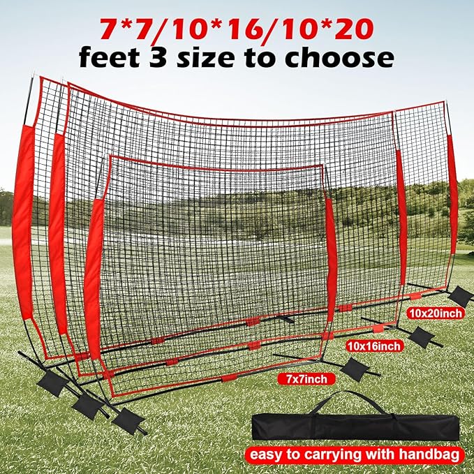 7x7/16x10/20x10ft Ball Backstop Net,Fix Ball Stop Net by 4 Spike&2 Sandbag,Sports Net Barrier with Handbag,Lacrosse Net Backstop for Softball,Basketball,Hockey Train,Baseball Net Barrier for Backyard