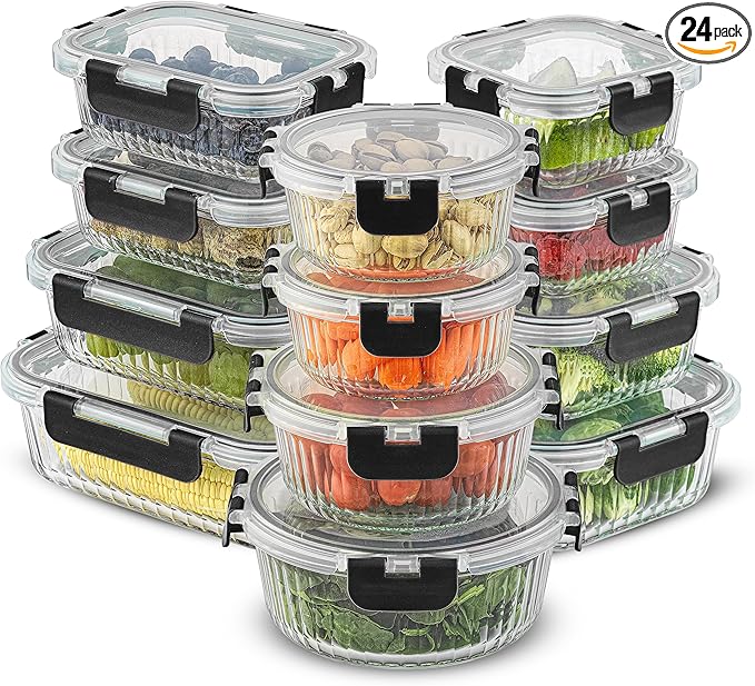 JoyJolt 24pc Borosilicate Glass Storage Containers with Lids | 12 Airtight/Freezer Safe Food Storage Containers for Pantry and Kitchen | Meal Prep Container for Lunch | Glass Tupperware Set