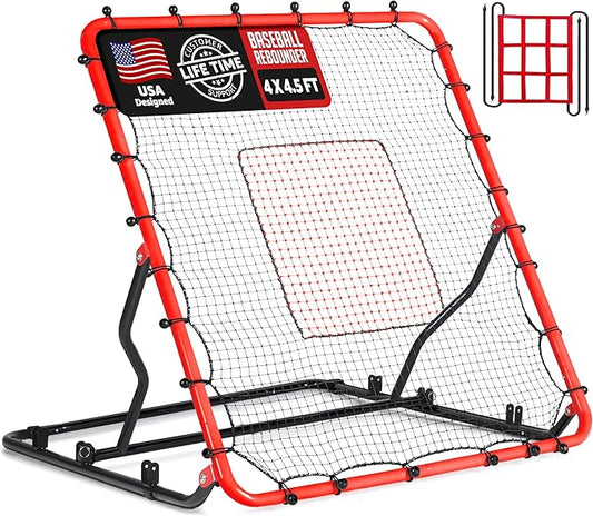 Baseball Rebounder Net, 3/5 Adjustable Angles 4x4.5FT Pitch Back Baseball Softball Volleyball Rebounder with 2 Strike Zones, UV Resistant, Pitchback Trainer for Ground, Line Drive & Fly Balls