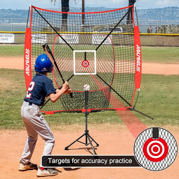 6'X6' Baseball Softball Practice Net with Batting Tee and Ball Caddy, Bonus Strike Zone Target and Bow Frame, for Hitting, Pitching, Catching