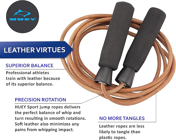 HUEY Sport Leather Jump Rope Skipping Rope for Speed Quiet Training Boxing MMA Cardio Crossfit Fitness Workout Indoor and Outside Exercise for Adult Kids Men and Women (5.5 oz)