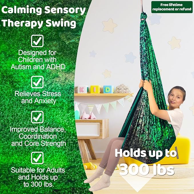 Sensory Swing for Kids & Adults Holds 300lbs Indoor/Outdoor Therapy Cuddle Swing with 360° Swivel Hanger Kit (Crystal Green)