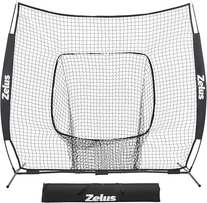 ZELUS Baseball Net 7 ft x7 ft, Softball Hitting & Pitching with Carry Bag, Ground Stakes, Portable Backstop & Bow Frame, Training Equipment for All Ages