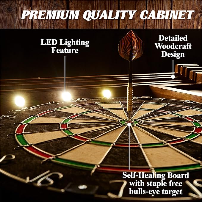 Barrington Dartboard Multiple Styles Pre-Assembled Wood Dartboard Cabinet Collection with 18” Bristle Dartboard & Steel Tip Dart Set, Perfect for Cricket Games